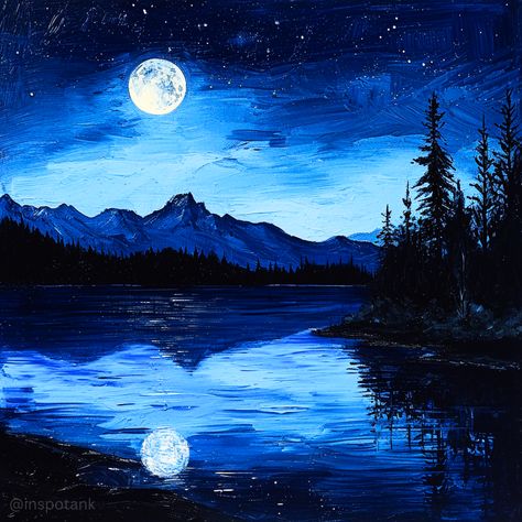 50+ Acrylic Mountain Painting Inspiration Ideas & Tutorials [Art Landscape Examples] – Inspo Tank Water Mountain Painting, Nighttime Landscape Painting, Mountain Painting Night, Acrylic Painting Ideas Mountains, Night Mountain Painting, Mountain Painting Ideas, Mountain Tutorial, Mountain River Painting, Acrylic Mountain Painting