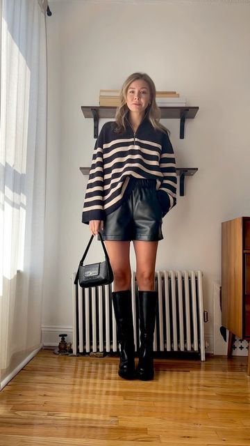 Leather Shorts Outfit 2023, Leather Shorts Autumn Outfit, Vegan Leather Shorts Outfit, Leather Shorts Outfit Summer, Shorts Sweater Outfit, Sweater With Shorts Outfit, Fall Shorts Outfit, Laurie Ferraro, Winter Shorts Outfits