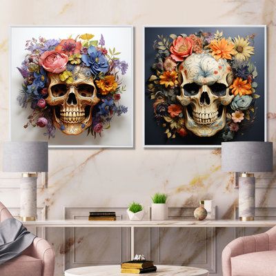 This beautiful "Floral Grin Fashionable Skull In Golden I" Collage Set of 2 Wall art is printed on premium quality cotton canvas using the finest fade-resistant ink. With options like Wrapped Canvas and Floater Framed Wall Decor, we offer a versatile range to cater to your unique aesthetic preferences. The Wrapped Canvas Art is stretched tautly over a sturdy wooden frame, giving your artwork a sleek, borderless appearance. For those who desire a touch of elegance and depth, our floater-framed ca Skull Wall Art, Mexican Skull, Pink Wall Decor, Glam Wall Art, Skull Fashion, Frame Wall Decor, Unique Aesthetic, Animal Wall Art, Gold Floral