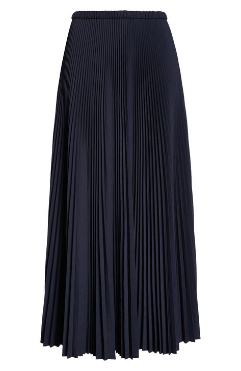 Accordion pleats add impeccable texture to this flowy and versatile maxi skirt. 35" length (size Medium) Elastic waist 82% polyester, 18% cotton Dry clean Imported Zara Closet, Navy Skirt Outfit, Work Lookbook, Navy Blue Maxi Skirt, Maxi Pleated Skirt, Tzniut Fashion, Maxi Skirt Pattern, Minimalist Wardrobe Capsule, Long Pleated Skirt