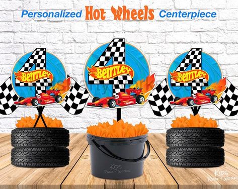 Hot Wheels Party Decorations, Car Centerpieces, Hot Wheels Themed Birthday Party, Racing Birthday, Hotwheels Birthday Party, Personalized Centerpieces, Hot Wheels Party, Hot Wheels Birthday, Race Car Birthday Party