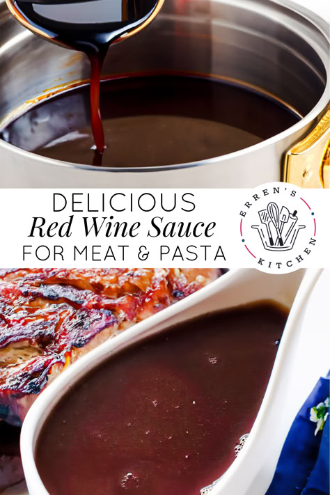 This Amazing Red Wine Sauce boasts bold flavors and a velvety texture. The rich blend of red wine, garlic, shallots, and butter, finished with a tangy touch of balsamic vinegar, adds gourmet flair.
Savor this homemade Red Wine Sauce recipe. A luscious blend of red wine, garlic, shallots, and butter that’s perfect for meats and pasta! Take your dinner recipes to the next level with this amazing sauce!

See errenskitchen.com for more easy, delicious recipes! Chicken Red Wine Sauce, Red Wine Butter Sauce, Beef In Wine Sauce, Red Wine Meat Sauce, Red Wine Sauce For Pork, Meatballs In Red Wine Sauce, Red Wine Sauce For Lamb, Red Wine Vinegar Recipes Dinners, Red Wine Sauce For Chicken