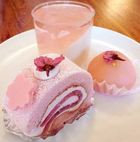 Kawaii pink Japanese sakura roll cake Sakura Dessert, Japanese Cake, Ayam Bakar, Pretty Dessert, Cute Baking, Think Food, Roll Cake, Cute Desserts, Dessert Drinks