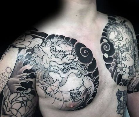 50 Japanese Chest Tattoos For Men - Masculine Design Ideas Chest Tattoo Japanese, Tattoo Daruma, Chest Tattoos For Men, Foo Dog Tattoo Design, Full Chest Tattoos, Foo Dog Tattoo, Tattoo Chest, Chest Plate, Tattoo Japanese