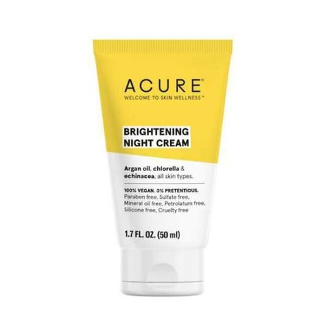 Acure Brilliantly  Brightening Night Cream  1.7 fl oz W/ Argan Oil 100% Vegan #veganskincare Acure Skincare, Gluten Free Makeup, Gluten Free Beauty Products, Exfoliate Scalp, Brightening Face Mask, Beauty Gift Card, Apricot Kernel Oil, Olive Fruit, Vegan Skincare