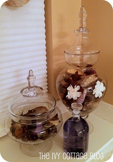 Potpourri in Apothecary jars Potpourri Decoration Bathroom, Apothecary Jar Decor, Tuscan Bathroom, Potpourri Decoration, Vase Ideas, Simple Bathroom Decor, Decorating 101, Decoration Bathroom, Eagle Rock