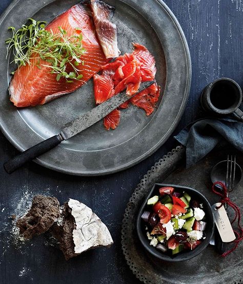 Greek cured ocean trout with village salad - Gourmet Traveller Greek Easter Recipes, Village Salad, Summer Seafood Recipes, Slow Cooked Lamb, Chilli Recipes, Beautiful Food Photography, Lamb Recipes, Easter Recipes, Greek Recipes