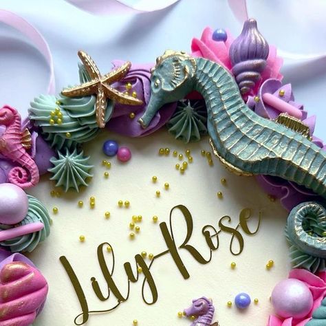 Oli & Fifis Cakery | Emma Betianu on Instagram: "SEAHORSES Seahorses for Lily-Roses 3rd birthday cake ✨Sprinkles @sprinklesandtoppers - Discount code in bio ✨Mould @katysuedesignscakes #sheetcake #sheetcakes #minisheetcake #minicake #seahorsecake #undertheseacake #bento #bentocake #cake #instacake #affordablecakes #mermaidcake #preston #cakeart #muchhoole #lancashire #prestoncakes #muchhoolecakes #prettycake #cakedecorating #piping #shellcake #instagood" Seahorse Cupcakes, Birthday Cake Sprinkles, Seahorse Cake, Birthday Feast, 3rd Birthday Cake, Slab Cake, Cake Sprinkles, 3rd Birthday Cakes, Mermaid Cakes