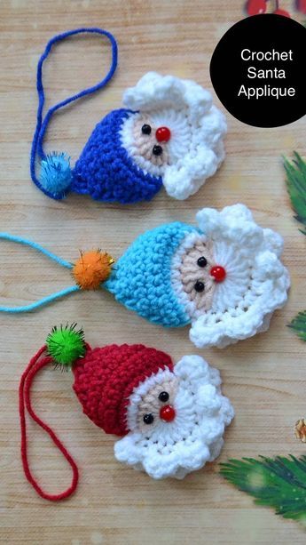 Diy Crochet Ornaments, Christmas Applique Patterns, Appliques Au Crochet, Santa Applique, Crochet Christmas Stocking Pattern, Crochet Christmas Ornaments Free, Crochet Applique Patterns Free, Crochet Ornament Patterns, Christmas Crochet Patterns Free