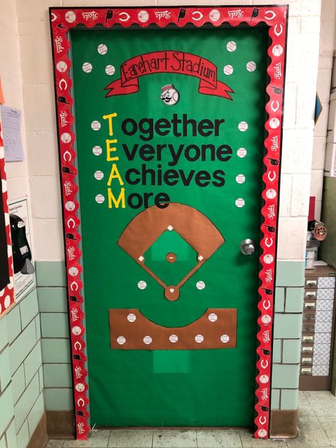 Baseball Bulletin Board, Sports Themed Classroom Ideas, Baseball Theme Classroom, Baseball Bulletin Board Ideas, Sports Theme Classroom Door Ideas, Baseball Theme Bulletin Board Ideas, Baseball Classroom Door, Baseball Themed Bulletin Boards, Baseball Door Decorations Classroom