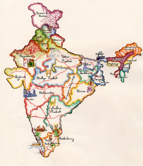 Map Of India, Indian States, India Poster, Geography Map, India Map, India Culture, History Of India, Indian History, Travel Illustration