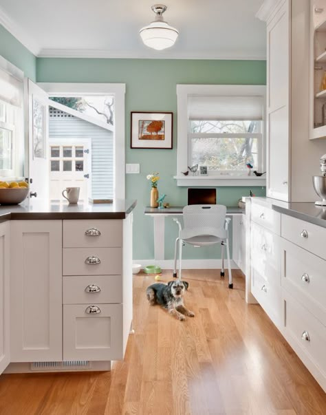 loving this color - Kensington green Benjamin moore Bungalow Homes, House Of Turquoise, Kitchen Paint Colors, Kitchen Decorating, Kitchen Plans, Kitchen Paint, Green Kitchen, White Cabinets, Kitchen Colors