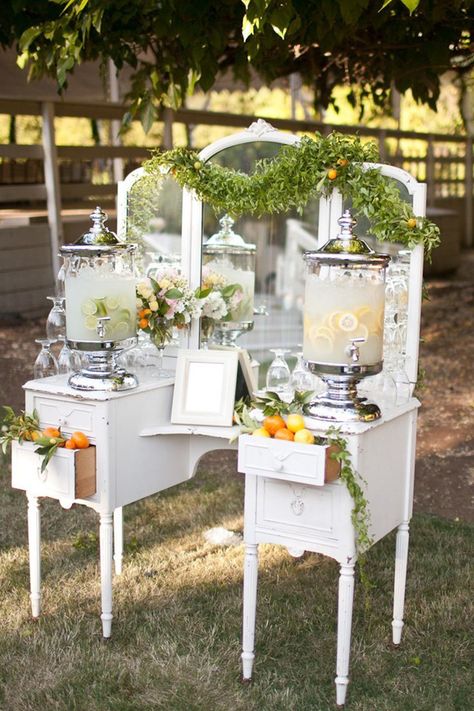 Reception Drink Station, Wedding Drink Bar, Drink Stations, Wedding Drink Station, Calamigos Ranch Wedding, Reception Drink, Tea Station, Deco Champetre, Bridal Fair