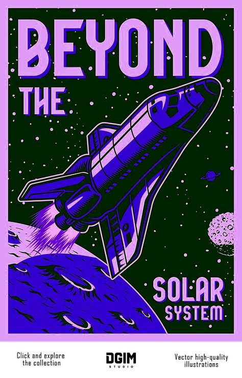 Retro Futurism Art Poster, Space Man Aesthetic, Astronomy Design Ideas, Future Graphic Design Inspiration, Telescope Graphic Design, Atom Graphic Design, Nasa Poster Vintage, Spaceship Graphic Design, Scifi Poster Design