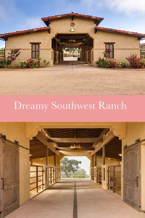 Hacienda Style Horse Stables, Horse Ranch Layout, Horse Barn Ideas, Southwest Ranch, Southwestern Ranch, Horse Barn Ideas Stables, Stable Ideas, Ranch Ideas, Horse Barn Designs