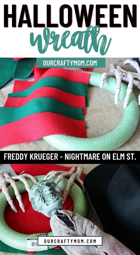 Freddy Krueger Diy Crafts, Nightmare On Elm Street Decorations Diy, Nightmare On Elm Street Wreath, Nightmare On Elm Street Halloween Party, Nightmare On Elm Street Door Decorations, Freddy Krueger Diy Decor, Freddy Krueger Halloween Decorations, Nightmare On Elm Street Party Ideas, Freddy Krueger Decor