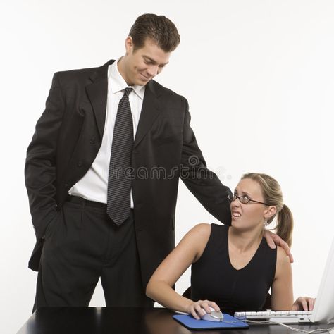 Man harassing woman at computer. Caucasian mid-adult man sexually harassing woma , #AFFILIATE, #computer, #Caucasian, #woman, #Man, #harassing #ad Sitting At Computer, Woman Sitting, Art Things, Feel Safe, Female Poses, Try Again, When He, Revenge, Facial