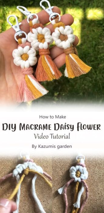 In Full Bloom: Create Your Own Macrame Daisy Keychain with This Free Tutorial - Carolinamontoni.com Macrame Daisy Keychain, Macrame Daisy, Daisy Keychain, Diy Lanyard, Macrame Wall Hanging Tutorial, Yarn Wall Art, Knots Diy, Macrame Wall Hanging Diy, Macrame Patterns Tutorials