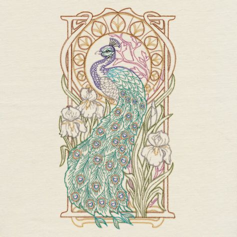 Art Nouveau Peacock, Library Embroidery, Art Nouveau Tattoo, Peacock Embroidery Designs, Nouveau Tattoo, Art Nouveau Illustration, Freestanding Lace Embroidery, Towel Bathroom, Art Nouveau Poster