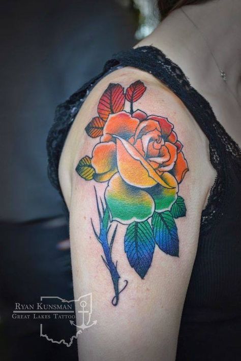 Rainbow Rose Tattoo, Lakes Tattoo, Great Lakes Tattoo, Rainbow Tattoo, Watercolor Tattoo Ideas, Lake Tattoo, Tattoos Rose, Pride Tattoo, Rainbow Tattoos