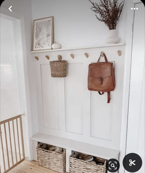 Front Entry Hooks Entrance, Bottom Of Stairs Mudroom, Black And Wood Decoration, Entryway Coat Rack Ideas Farmhouse, Small Entryway Bench And Coat Rack, Narrow Entryway Coat Storage, Entrance Vestibule Ideas, Front Door Nook Entrance, Entrance Hooks Small Entryways