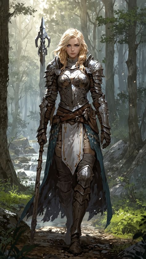 🏰 "The Paladin's Quest" In the dappled light of an ancient forest, a fearless paladin strides forth, her armor catching gleams of sunlight piercing the canopy. A protector of the weak, she wields a mighty halberd, a beacon of hope for those oppressed by darkness. Today, she seeks the whispered grove, home to a fabled creature whose blessing could turn the tide in a looming battle. With each step, her resolve hardens; for her heart knows no fear, her spirit no defeat. Her adventure, a hymn of... Dnd Cleric Art, Female Paladin, Knight Female, Female Armour, Oc Rpg, Warrior King, Female Armor, Female Character Concept, Dappled Light