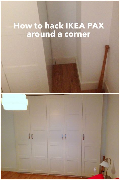 Hacking a Pax around a corner http://www.ikeahackers.net/2017/05/hacking-pax-around-corner.html Pax Corner Wardrobe Hack, Ikea Pax Corner Wardrobe Ideas, Pax Corner Wardrobe Ideas, Ikea Pax Corner Wardrobe, Diy Fitted Wardrobes, Pax Corner Wardrobe, Edinburgh Flat, Pax Closet, Closet Door Handles