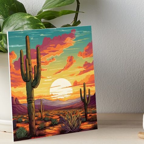 Professionally printed on firm, textured mat boards perfect for desks and shelves. Supplied with 3M velcro dots to easily affix to walls. Available in standard sizes. Experience the captivating allure of the desert with our "Desert Glow" illustration. This stunning artwork showcases a majestic saguaro cactus standing tall in a picturesque desert landscape, illuminated by the radiant glow of a breathtaking sunset. Desert Paintings Acrylic, Desert Color Scheme, Glow Illustration, Desert Sunset Painting, Desert Sunset Art, Arizona Painting, Cactus Artwork, Desert Landscape Art, Desert Landscape Painting