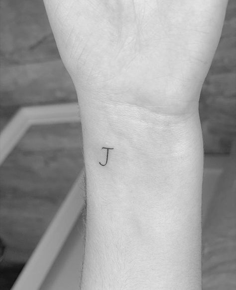 Initials Wrist Tattoo, J Letter Tattoo Design Fonts, J Tattoo On Finger, J Initial Tattoo, J Tattoos, Nj Tattoo, Latin Script, Minimalist Lettering, J Tattoo