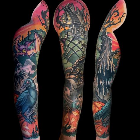 Halloween Sleeve by Daniel Farren Halloween Sleeve Tattoo, Halloween Sleeve, Halloween Tattoos Sleeve, Tat Inspiration, Anniversary Tattoo, Indie Tattoo, Ghost Theme, Pumpkin Tattoo, Rose Tattoo Sleeve