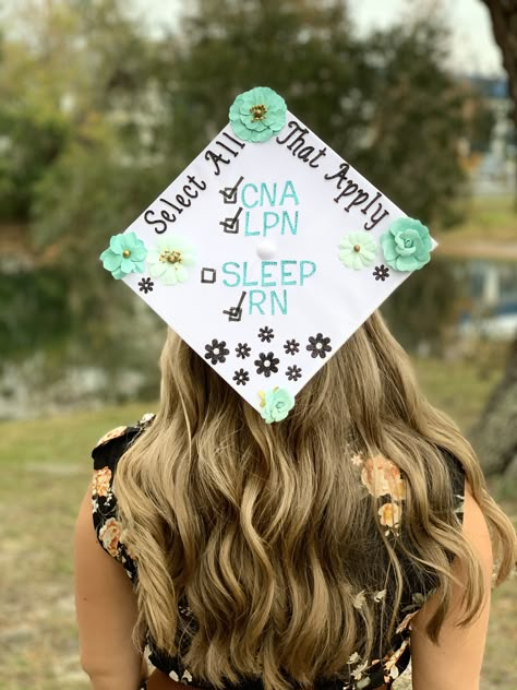 Nursing Graduation Hat, Nursing Graduation Cap Lpn, Lvn Nursing Graduation Cap, Graduation Cap Designs Nursing Lpn, Lpn Cap Decoration, Cna Cap Ideas, Lpn Grad Cap, Pmhnp Graduation Cap, Graduation Outfit Ideas Nursing