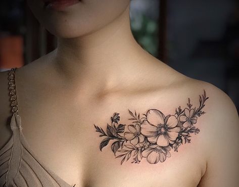 Womens Chest Cover Up Tattoo Ideas, Clavicle Cover Up Tattoo, Self Love Collar Bone Tattoo, Flower Collarbone Tattoos For Women, Collarbone Tattoo Cover Up Ideas, Female Collarbone Tattoo, Chest Collarbone Tattoo Female, Collarbone Tattoos For Women Flower, Coller Bone Tattoos Women Flowers