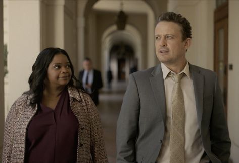 Poppy Parnell and Detective Aames walking down a hallway. David Lyons, Mekhi Phifer, Stephen Collins, Kim Raver, Billy Burke, Tracy Spiridakos, Elizabeth Mitchell, Octavia Spencer, Truth Be Told