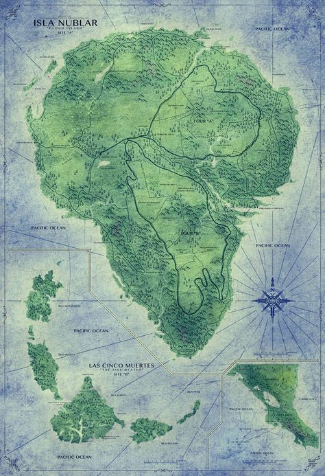 Jurassic Park Map - Isla Nublar - Color by FabledCreative Jurassic Park Map, Jurassic Movies, Isla Nublar, Jurassic Park 1993, Jurrasic Park, Michael Crichton, Colour Art, The Lost World, Jurassic Park World