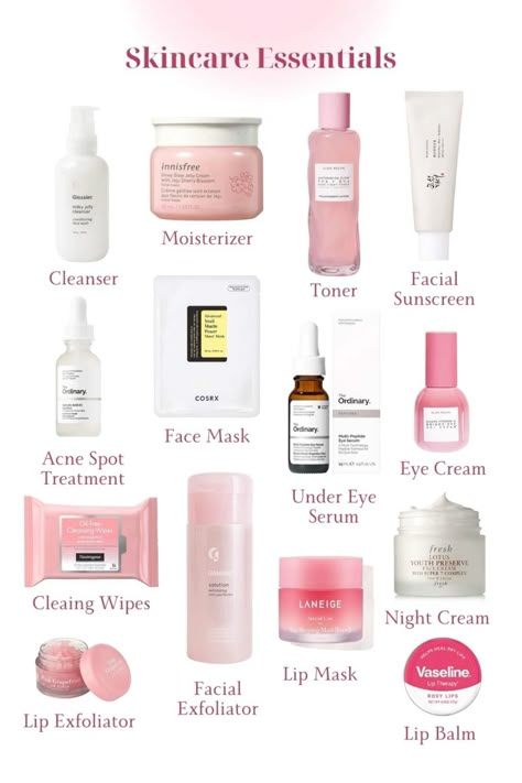 skincare must have clean girl coquette essentials Best Skin Care Products Cheap, Face Care Essentials, Skin Care Products Must Have, Essential Skin Care Products, Good Products For Face Skin Care, Skin Care List Products, Skincare Makeup Products, Skin Care Essentials List, That Girl Skincare Products