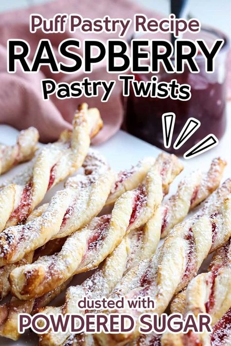 closeup view of raspberry twists made with puff pastry with text overlay. Raspberry Pastry Recipes, Raspberry Puff Pastry, Raspberry Pastry, Heavenly Dessert Recipe, Puff Pastry Snacks, Pastry Twists, Puff Pastry Twists, Sugar Free Desserts Easy, Raspberry Jam Recipe