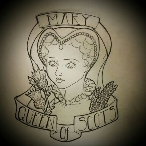 Mary Queen of Scots tattoo design. Sammii @victorianhearttattoo.com. Edinburgh tattoo artist Mary Queen Of Scots Tattoo, Elizabeth I Tattoo, Tudor Tattoo Ideas, Tudor Tattoo, Traditional Queen Tattoo, England Tattoo, Medieval Tattoo, Tudor Era, Mary Queen Of Scots