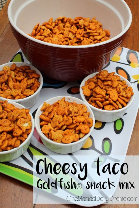 This cheesy taco Goldfish® snack mix recipe is ready in under 30 minutes! | Easy after school snack by One Mama's Daily Drama | #ad #MixMatchMunch Quick Snacks For Kids, Daily Drama, Goldfish Snack, Homemade Snacks Recipes, Snack Mix Recipe, Fish Snacks, Kid Foods, Easy Snacks For Kids, After School Snack