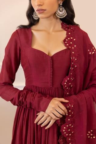 Shop for Paulmi and Harsh Maroon Cotton Silk Gathered Sleeve Anarkali Set for Women Online at Aza Fashions Sequin Kurti, Paulmi And Harsh, Handwork Design, Wine Pants, Anarkali Designs, Eastern Wear, Silk Anarkali, Anarkali Dress Pattern, Simple Kurta Designs