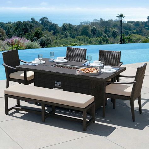 Belmont 6-piece Outdoor Dining Set with Fire Table | Costco Patio Dining Table Ideas, Summer Patio Decor, Dining Table Ideas, Backyard Getaway, Outdoor Fire Table, Dining Table 4, Patio Pavers Design, Summer Patio, Outdoor Patio Furniture Sets