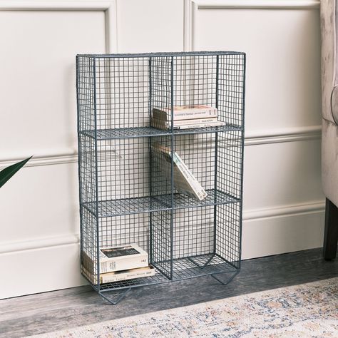 This industrial grey wire floor shelving unit is a simple yet stylish freestanding storage option, ideal for those with smaller spaces and fans of industrial inspired design. Made of metal wire, this shelving unit is made out of metal wire and comes with a grey finish and 6 storage shelves.   Ideal storage for placing in an office, hallway, living room, bathroom or kitchen space. This shelving unit could be used as a bookcase, a display shelf, storage for towels and toiletries or plants.   Due t Metal Storage Shelf, Wooden Shelf Unit, Style Shelving, Storing Towels, Industrial Bookcases, Metal Bookshelf, Metal Shelving Units, Reeded Glass, Office Hallway