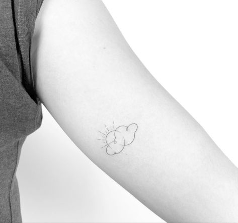 Sunshine And Cloud Tattoo, Tiny Sun And Cloud Tattoo, Sun Cloud Rainbow Tattoo, Minimal Cloud Tattoo, Minimalist Sky Tattoo, Sky Aesthetic Tattoo, Cloud With Sun Tattoo, Simple Sky Tattoo, Cloudy Sun Tattoo