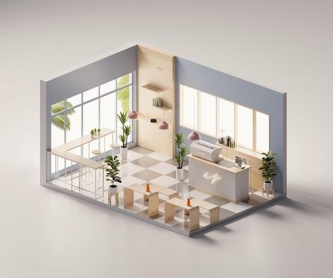 Premium Photo | Isometric view minimal cafe store open inside interior architecture 3d rendering digital art Rendering Digital Art, Stasiun Gambir, Minimal Cafe, Cafe Store, Inside Interiors, Architecture 3d, Store Opening, Electronics Circuit, 3d Assets