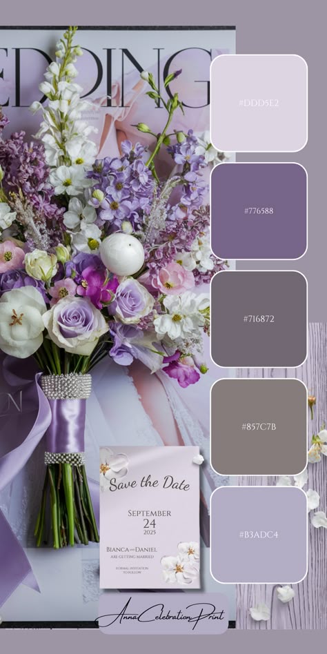 Inspiration on latest trend in wedding bouquets with this stunning combination of wildflowers in this arrangement. Featuring beautiful shades of lavender and lilac, wild flowers is perfect for a romantic and whimsical wedding.  Perfect for brides looking to incorporate trendy wildflower and unique flower combinations into their big day. Explore lavender tones and white flowers to create your dream wedding color palette! See our elegant wedding stationary "watercolor spring blossom" collection Purple For Wedding Color Schemes, Purple Spring Wedding Colors, Cool Tone Wedding Bouquet, Lilac Combination Colors, Lavender Wedding Color Palette, Lilac Wedding Palette, Wedding Color Schemes Lilac, Spring Wedding Colors Lavender, Lavender Fall Wedding Color Schemes