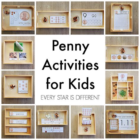 Penny Activities for Kids Penny Activities, Montessori Addition, Montessori Multiplication, Montessori Numbers, Montessori Preschool Activities, Teaching Decimals, Skip Counting By 5's, Montessori Math Activities, Multiplication Cards