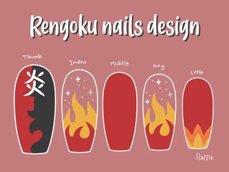 Demon Slayer Nail Designs Simple, Demon Slayer Nails Inosuke, Demon Slayer Nails Rengoku, Rengoku Inspired Nails, Demon Slayer Nails Short, Inspired Nails Anime, Nail Designs Demon Slayer, Rengoku Nail Art, Atla Inspired Nails