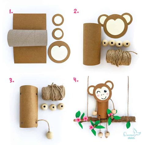 Paper roll monkey with dangling arms and legs! - Ocean Child Crafts Monkey Crafts, Toilet Paper Crafts, Toilet Paper Rolls, Toilet Paper Roll Crafts, Paper Roll Crafts, Paper Rolls, Flower Ideas, Paper Crafts Diy Kids, Cardboard Crafts