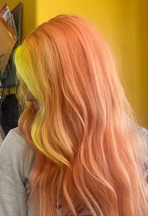 Yellow And Peach Hair, Peach Balayage, Peach Hair Color, Yellow Blonde Hair, Peach Hair Colors, Yellow Blonde, Hair Color Unique, Peach Hair, Neon Hair