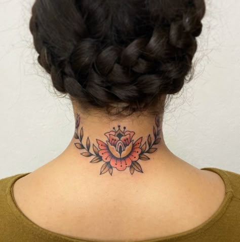 Back Of The Neck Cover Up Tattoos, American Traditional Back Of Neck Tattoo, Large Back Of Neck Tattoos For Women, Nape Tattoo Coverup, Base Neck Tattoo, Back Of Neck Tattoo Flower, Back Of Neck Floral Tattoo, Simple Back Of Neck Tattoo, Traditional Back Of Neck Tattoo