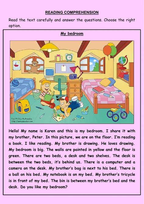 Prespositions of place interactive and downloadable worksheet. You can do the exercises online or download the worksheet as pdf. Preposition Of Place Worksheet, Bedroom Worksheet, Preposition Of Place, Picture Comprehension, Reading Comprehension For Kids, Present Continuous, Grammar For Kids, English Exercises, English Language Teaching